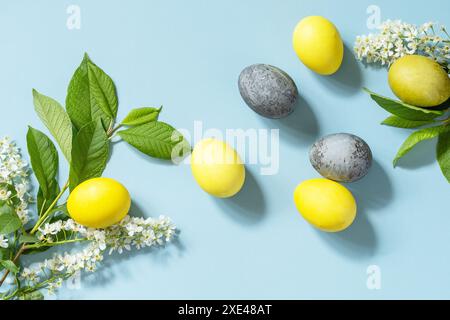 Easter background. Happy Easter concept with natural colorful easter eggs and spring flowers on a blue background. Top view flat Stock Photo