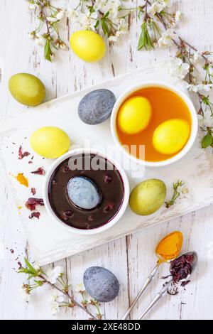 Natural dye for easter eggs, celebration Easter. Homemade colored easter eggs in carcade and turmeric on a rustic table. Top vie Stock Photo