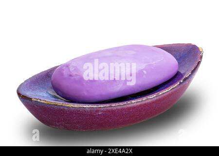 Closeup view of leaf shape purple ceramic soap bar, tray, dish, holder with fragrant purple soap isolated on white background with clipping path. Stock Photo