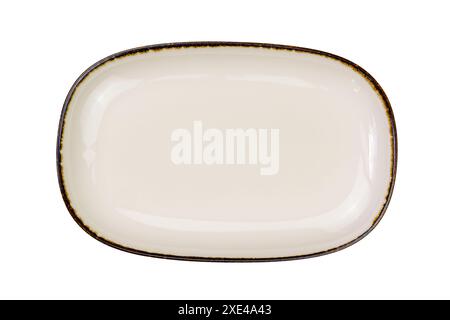 Top view of new empty brown ceramic tray with dark edge isolated on white backgroud with clipping path. Stock Photo