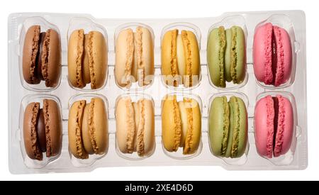 Macarons in plastic box on isolated background, top view Stock Photo