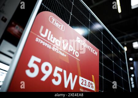 Munich, Germany. 20th June, 2024. The logo and lettering of Suntech Power can be seen on a module of the Chinese company at the Intersolar Europe trade fair, the world's leading trade fair for the solar industry, which is part of The smarter E Europe, at the exhibition center in Munich (Bavaria). The photovoltaic manufacturer Wuxi Suntech Power Co, Ltd is dedicated to the research and development as well as the production of crystalline silicon solar cells and modules and is part of Shunfeng International Clean Energy. Credit: Matthias Balk/dpa/Alamy Live News Stock Photo