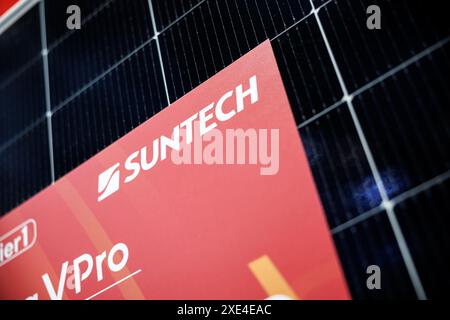 Munich, Germany. 20th June, 2024. The logo and lettering of Suntech Power can be seen on a module of the Chinese company at the Intersolar Europe trade fair, the world's leading trade fair for the solar industry, which is part of The smarter E Europe, at the exhibition center in Munich (Bavaria). The photovoltaic manufacturer Wuxi Suntech Power Co, Ltd is dedicated to the research and development as well as the production of crystalline silicon solar cells and modules and is part of Shunfeng International Clean Energy. Credit: Matthias Balk/dpa/Alamy Live News Stock Photo