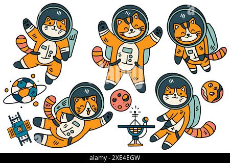A series of cats in space suits. The cats are in different positions, some are floating and some are sitting. The image has a playful and imaginative Stock Vector