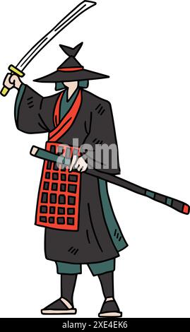 A man in a samurai costume holding a sword. The image is black and white. Scene is serious and focused Stock Vector