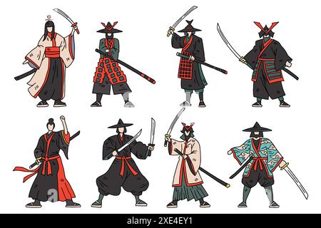 A group of men dressed in traditional Japanese clothing are holding swords and posing for a picture. Scene is one of strength and unity, as the men ar Stock Vector