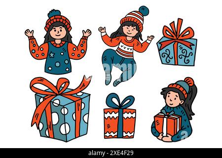 A group of children are playing with presents. One of the children is holding a present and the others are jumping around Stock Vector