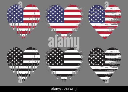 set of USA flag in heart shape, American Flag Silhouette, grunge USA flag set vector, grunge, flag, silhouette, independence, flag silhouette Stock Vector