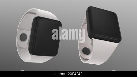 3d isolated electronic smart watch with sport band vector. Realistic fitness device render mockup. Fashion accessory element for time, health and activity tracker wearable on wrist. Workout bracelet Stock Vector