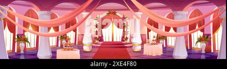 Luxury restaurant decorated for wedding ceremony. Vector cartoon illustration of cakes and champaign on tables, flowers in vases, large banquet room with tiled floor, windows and marble pillars Stock Vector