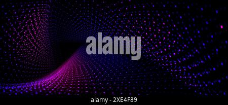 Triangular light tunnel bg. Abstract disco party 3d cyber design. Perspective bright network technology concept. Mesh for magnetic dj graphic with futuristic blue and pink dot motion on curve surface Stock Vector
