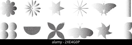 Collection of retro abstract dotted figures and shapes with noise stipple dots. Vector halftone and stipple effect Stock Vector