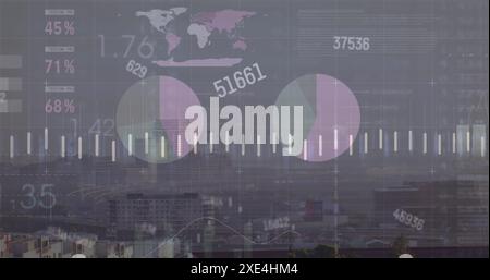 Image of changing numbers and statistical data processing against aerial view of cityscape Stock Photo