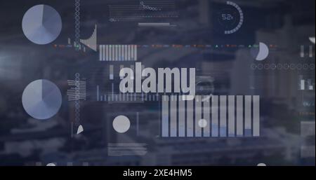 Image of multiple graphs, loading circles and trading board over modern city in background Stock Photo