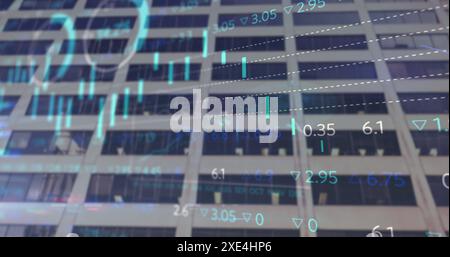 Image of graphs and trading boars with loading circles over low angle view of modern building Stock Photo