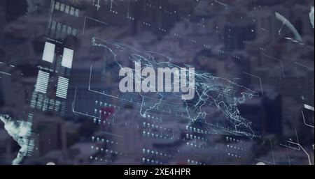 Image of loading bars, globe, map and dots over modern cityscape in background Stock Photo