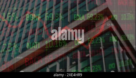 Image of graphs and trading board over low angle view of building against sky Stock Photo