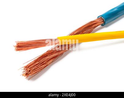 Various Electrical Wires With Exposed Copper Strands on White