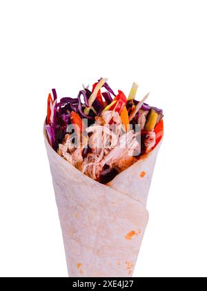 Tasty shawarma sandwich closeup on white background Stock Photo