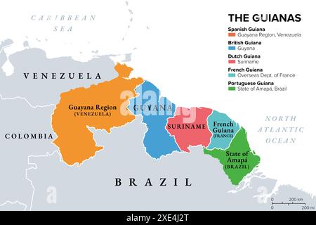 The Guianas, also Guyanas or Guayanas, political map. Region in north-eastern South America. Stock Photo