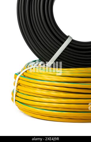 Yellow And Black Electrical Wire Spools Isolated On White Background Stock Photo