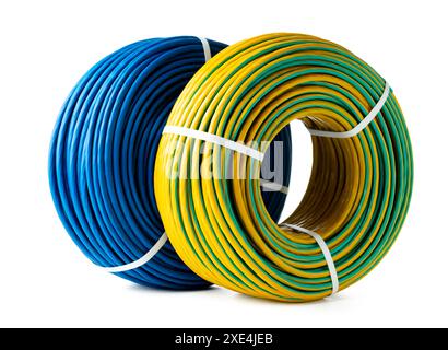 Blue And Yellow Electrical Wire Spools Isolated On White Background Stock Photo