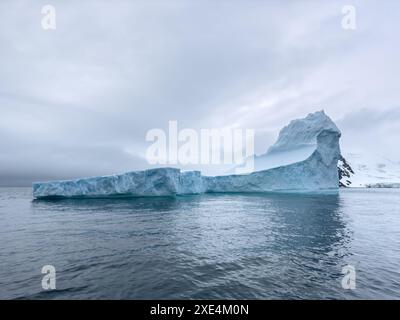 A huge high breakaway glacier drifts in the southern ocean off the coast of Antarctica at sunset, the Antarctic Peninsula, the S Stock Photo