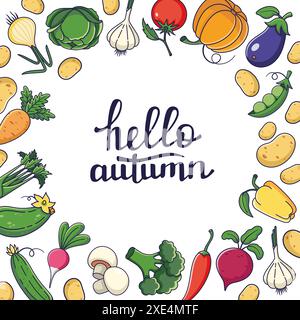 Cute vegetables Decorative round frame. Vector illustration isolated on white background. Circle border, copy space. Autumn decorative round frame with lettering HELLO AUTUMN. Stock Vector
