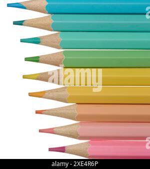 Multi-colored wooden pencils on a white background Stock Photo