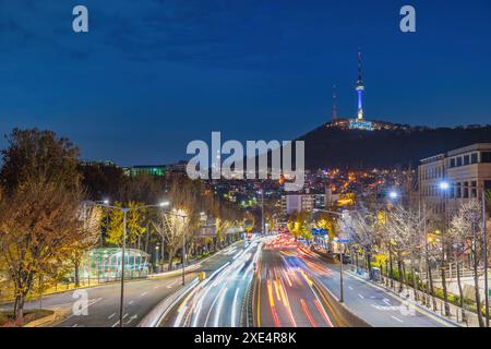 Seoul South Korea, night city skyline at Itaewon view from Noksapyeong Bridge in autumn Stock Photo