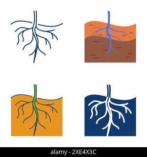 Root of a plant icon set in flat and line style. Keep living roots. Underground root system. Vector illustration. Stock Vector