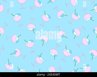 Ice cream in a glass seamless pattern. Ice cream balls in a glass with a spoon on a blue background. Design for wallpapers, wrappers, covers, banners Stock Vector