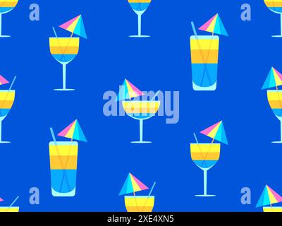 Glass with umbrella and straw seamless pattern. Multi-colored cocktail in a glass. Tropical striped cocktail in a glass with an umbrella and a straw. Stock Vector