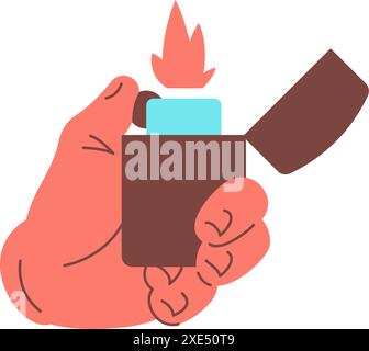 Human cartoon hand with lighting burning flame of lighter icon vector flat illustration. Male arm holding fuel smoke spark flash fire flammable chrome Stock Vector