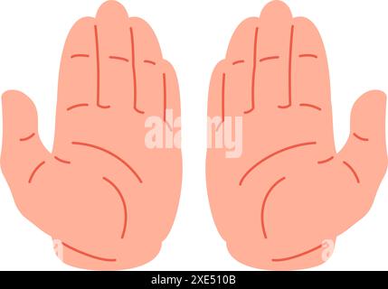 Two human hands with open palms praying asking help gesture icon vector flat illustration. Male cartoon arms taking giving help social support care be Stock Vector