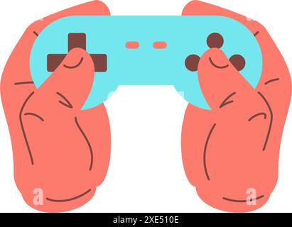 Human hand holding gamepad cybersport video game icon vector flat illustration. Cartoon male arms with joystick controller virtual gaming entertainmen Stock Vector