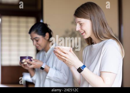 Foreigner receiving matcha tea Stock Photo