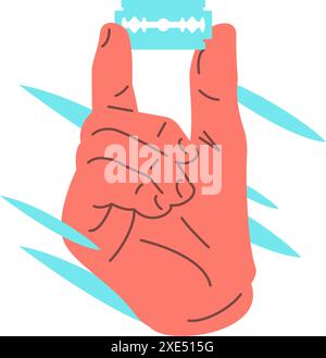 Male hand holding sharp shaving blade razor groom steel slice icon vector flat illustration. Human cartoon arm showing stainless beard care tool barbe Stock Vector