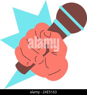 Human hand holding microphone in fist public speaking concept icon vector flat illustration. Cartoon male arm with mic musical karaoke singing loud ta Stock Vector