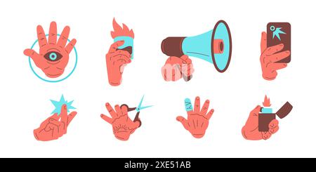 Male cartoon arm different gesture holding showing stuff set icon vector flat illustration. Human hands all seeing eye alcohol loudspeaker smartphone Stock Vector