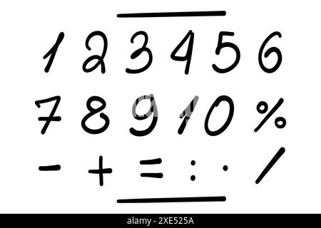 Doodle set of numbers from 0 to 9. Vector handwritten font on a white background. Mathematical symbols for children. Back to school vector graphics Stock Vector