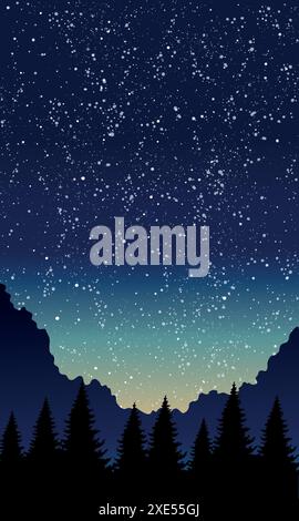 Night sky with stars and silhouette of pine trees. Vector illustration with gradient sky and mountain landscape. Nature and outdoor concept for poster Stock Vector