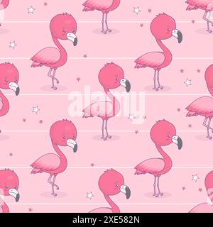 Seamless pattern with cute flamingo on pink striped background. Funny cartoon kawaii bird character. Vector illustration. Kids collection Stock Vector