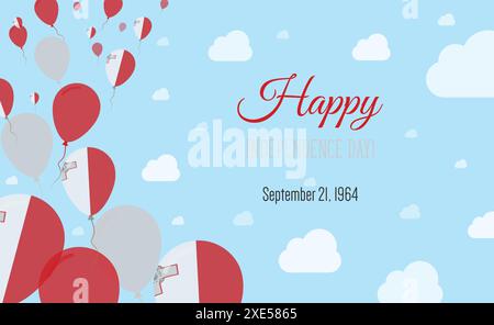 Malta Independence Day Sparkling Patriotic Poster. Row of Balloons in Colors of the Maltese Flag. Greeting Card with National Flags, Blue Skyes and Cl Stock Vector