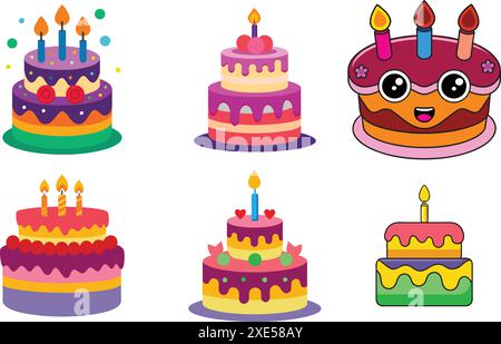 Happy birthday different set collection cakes Stock Vector