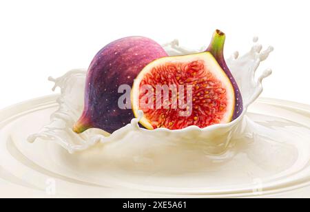 Figs falling into milk splash isolated on white background Stock Photo