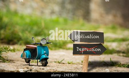 Signposts the direct way to Motivation versus Depression Stock Photo