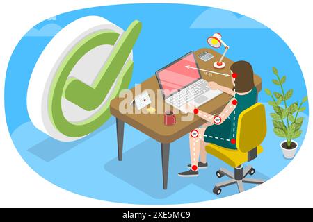 3D Isometric Flat  Conceptual Illustration of Ergonomically Correct Workstation, Proper Sitting Posture at a Computer 3D Isometr Stock Photo