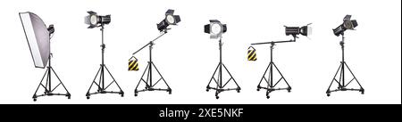 Photography studio flash on a lighting stand isolated on white background with lamp. Professional equipment like monobloc Stock Photo
