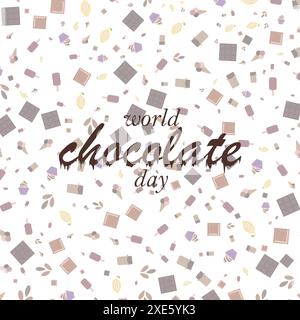 Happy world chocolate day. Typography on chocolate pattern. Collection of cartoon elements for prints, cards, posters, banners, product decoration. Stock Vector